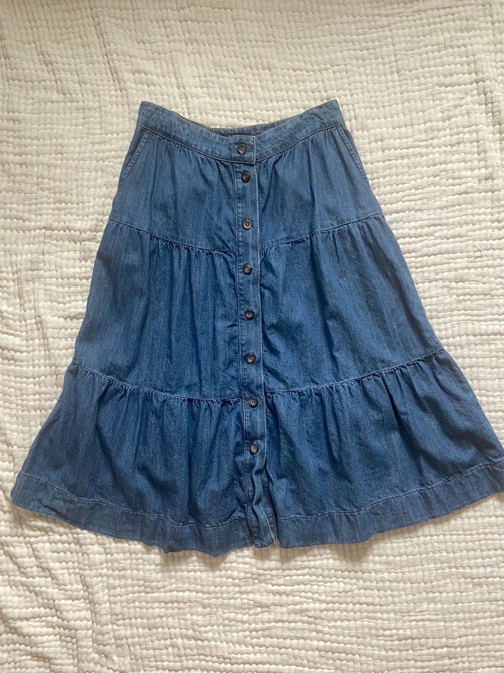 Boden Blue Denim Tiered Button-Front Midi Skirt